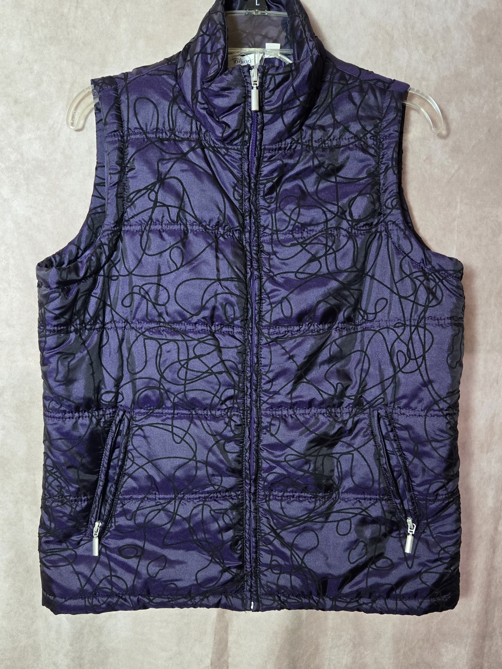 Indigo Women's Purple Quilted Ski Vest with Black Scribble Print